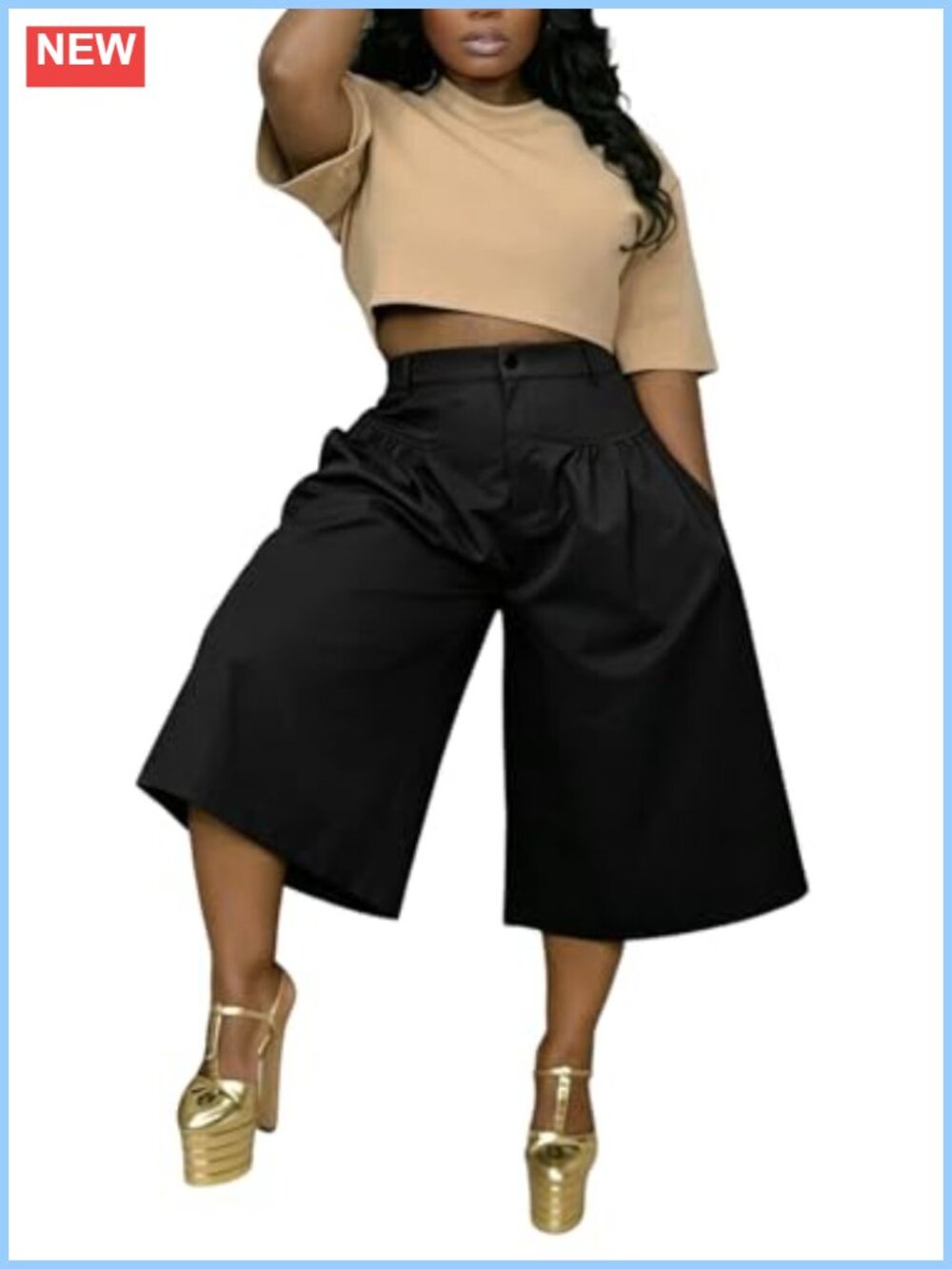 Womens Pleated Wide Leg Capri Pants High Waist Cropped Palazzo Culottes
